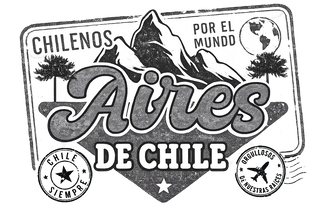 Black and white vintage-style travel poster graphic reading 'Chileños por el mundo Aires de Chile' with mountain, trees, globe, stamps, and airplane motifs.