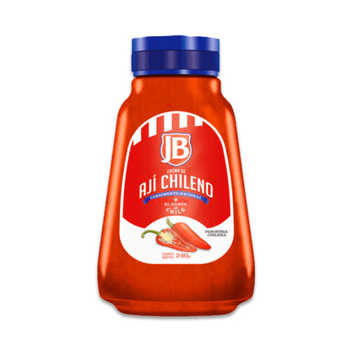 A red bottle with a blue cap of Aji Chileno.