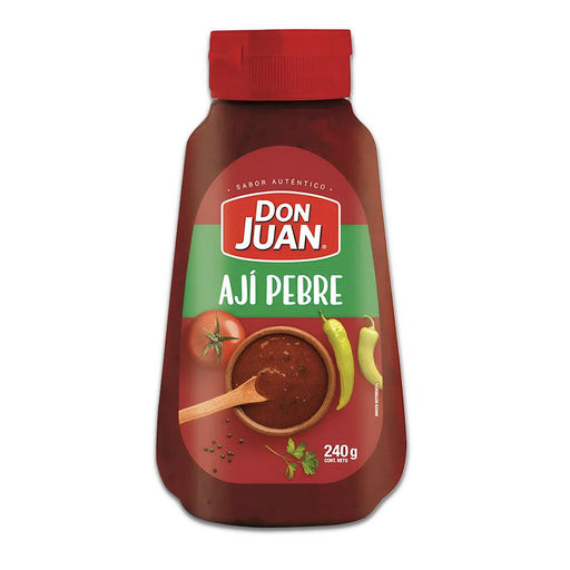 A red 240g bottle of Ají Pebre with a picture of hot sauce on the front.