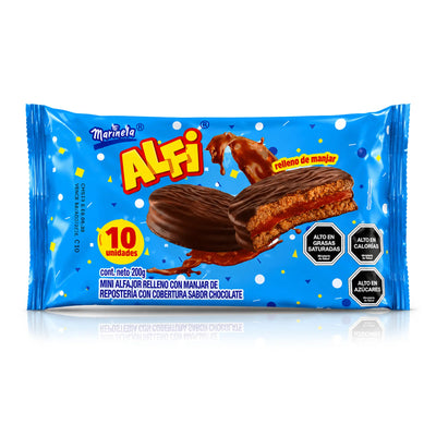 Marinela Alfi chocolate alfajor package on a white background