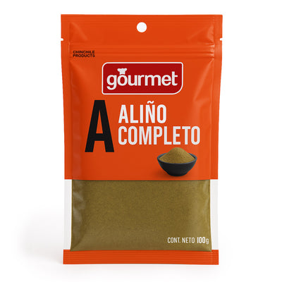 Package of Gourmet brand Aliño Completo seasoning 100g on a white background.