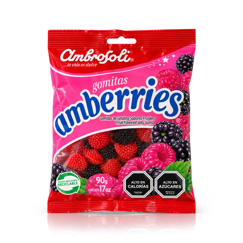 A 3.17 oz (90 g) bag of Ambrosoli Amberries, Chilean gummies shaped like raspberries and blackberries