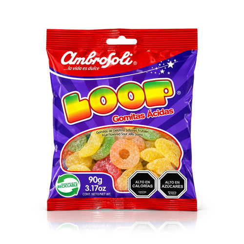 A 3.17 oz (90 g) bag of Ambrosoli Loop, Chilean sour gummy rings, with a window showing the sugar dusted rings inside