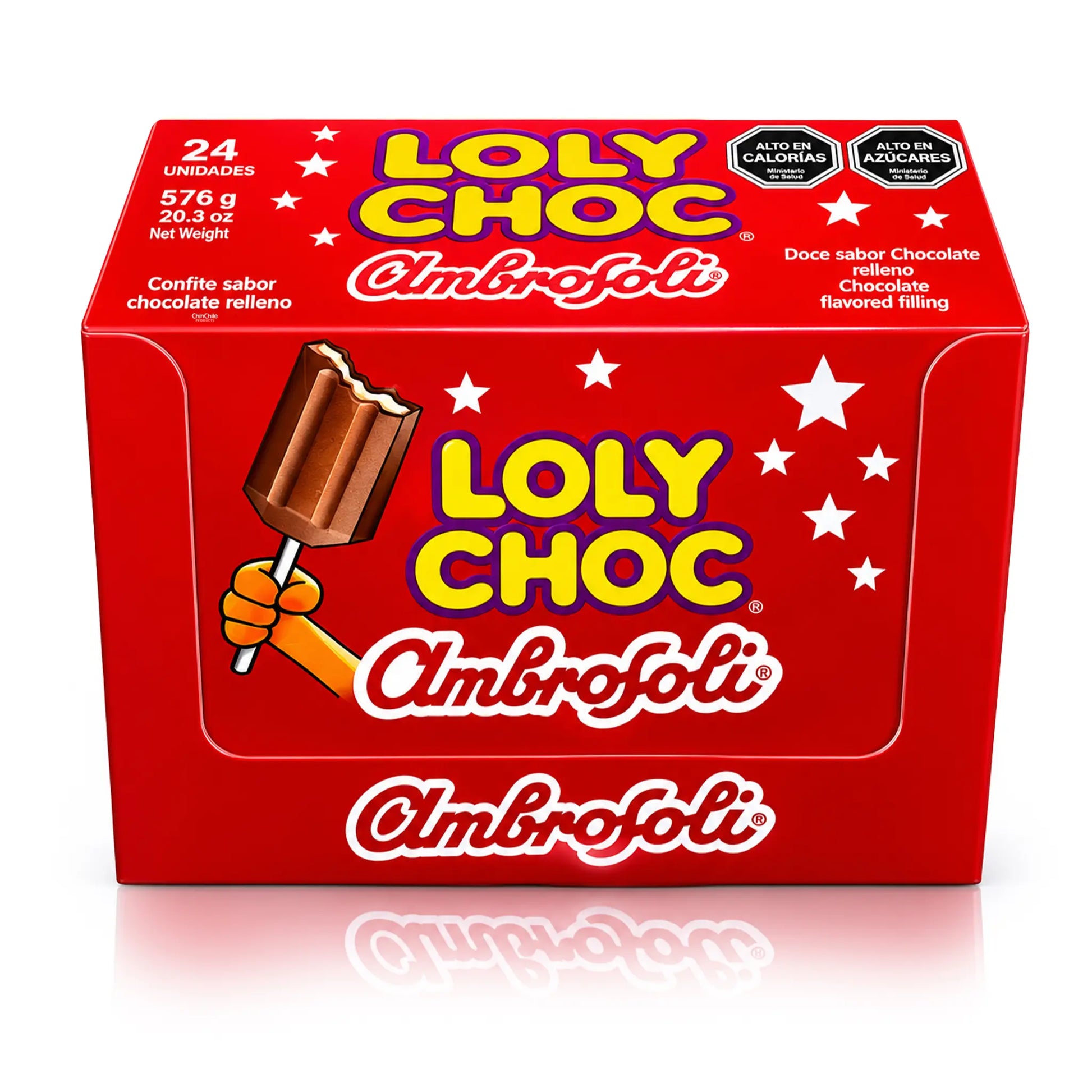 Caja roja de Loly Choc Ambrofoli con la ilustración de una tableta de chocolate sobre fondo blanco