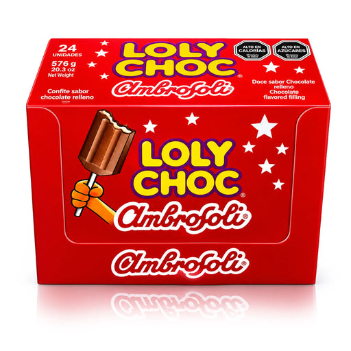 Red box of Loly Choc Ambrofoli with a chocolate bar illustration on a white background