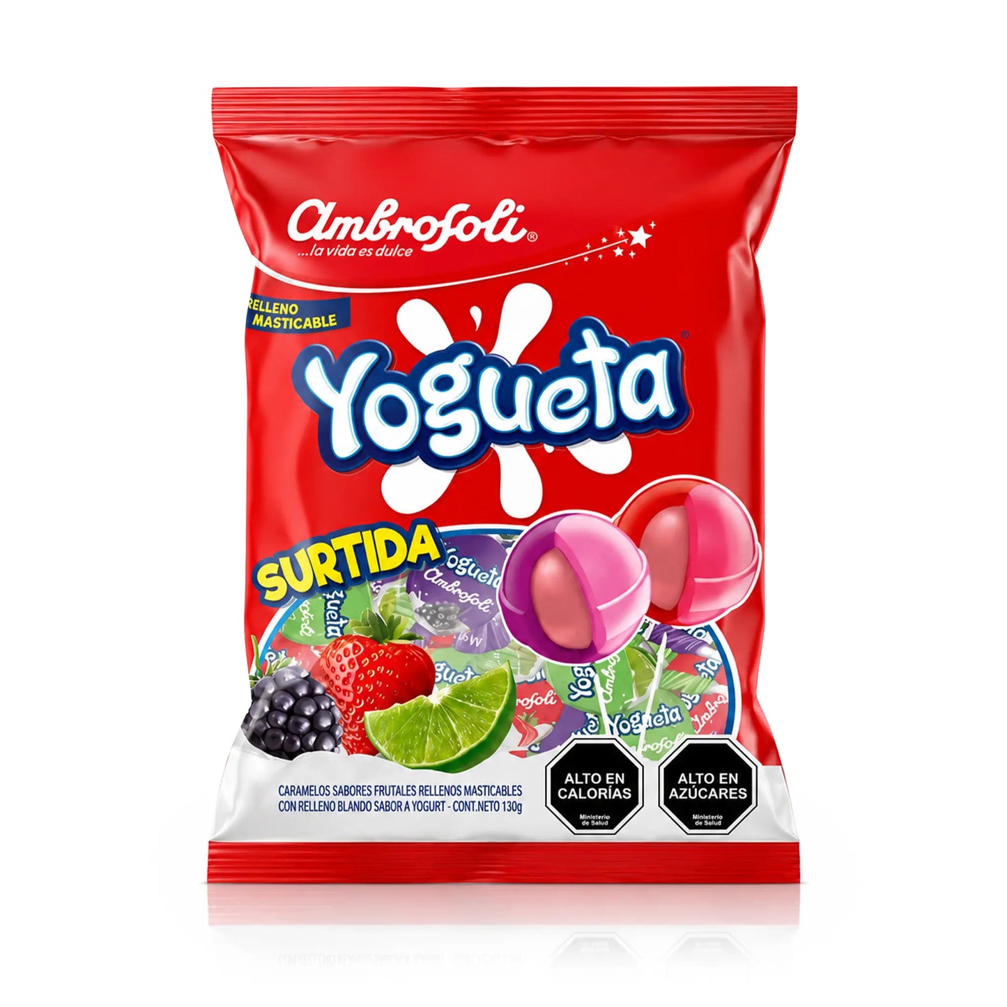 Una bolsa roja con piruletas surtidas de Yogueta sobre un fondo blanco.