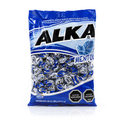 Bag of Alka hard candies with blue and white packaging on a white background
