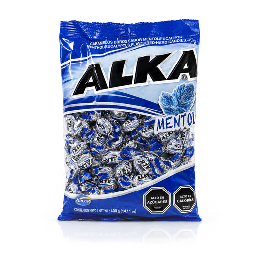 Bag of Alka hard candies with blue and white packaging on a white background