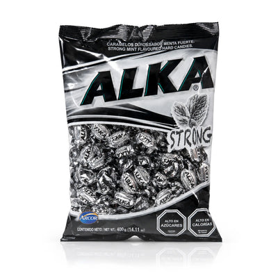 Bag of Alka Strong mint-flavored hard candies on a white background