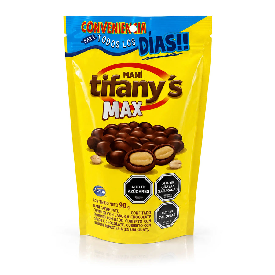 Yellow package of Tiffany's Mani with chocolate-covered nuts on a white background