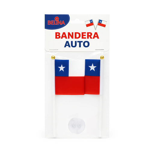 Packaged auto flag with Chilean design on a white background