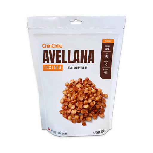 A 500 gram bag of Avellana Tostada with brown text and a pile of hazel nuts on the front.