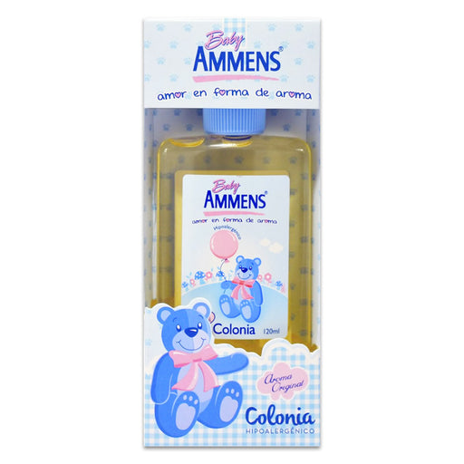 A 120ml bottle of Baby Ammens Cologne in a blue box. Imported from Chile. 