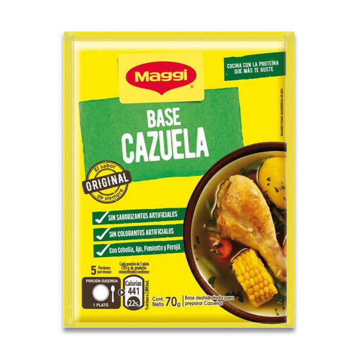 A 70 gram yellow packet of base cazuela from Maggi.