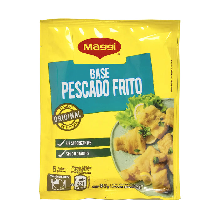 Maggi fish cake base package with yellow and blue design on a white background
