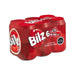 Six bright red cans of Bilz soda wrapped in a red plastic packaging.