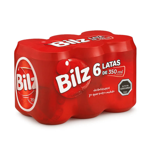 Six bright red cans of Bilz soda wrapped in a red plastic packaging.