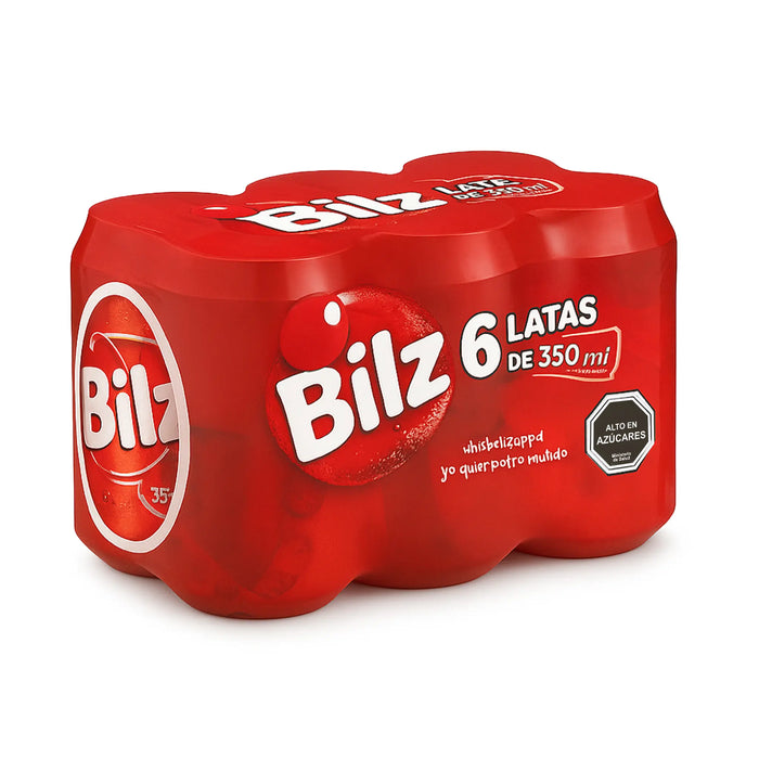 Six bright red cans of Bilz soda wrapped in a red plastic packaging.
