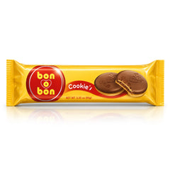 Un paquete amarillo de galletas de chocolate con un gran logotipo rojo Bon o Bon en la parte delantera.