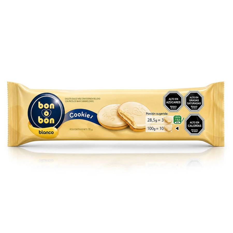 Un paquete de galletas de chocolate blanco con un gran logotipo azul Bon o Bon en la parte delantera.