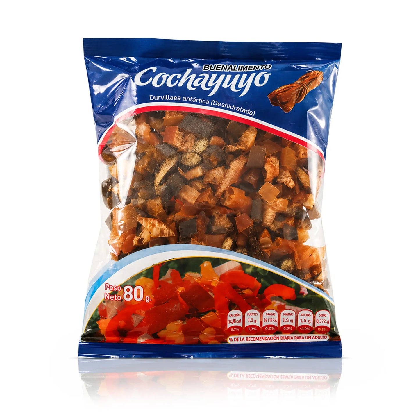 Bolsa transparente de alga Cochayuyo Trozo con envase azul.