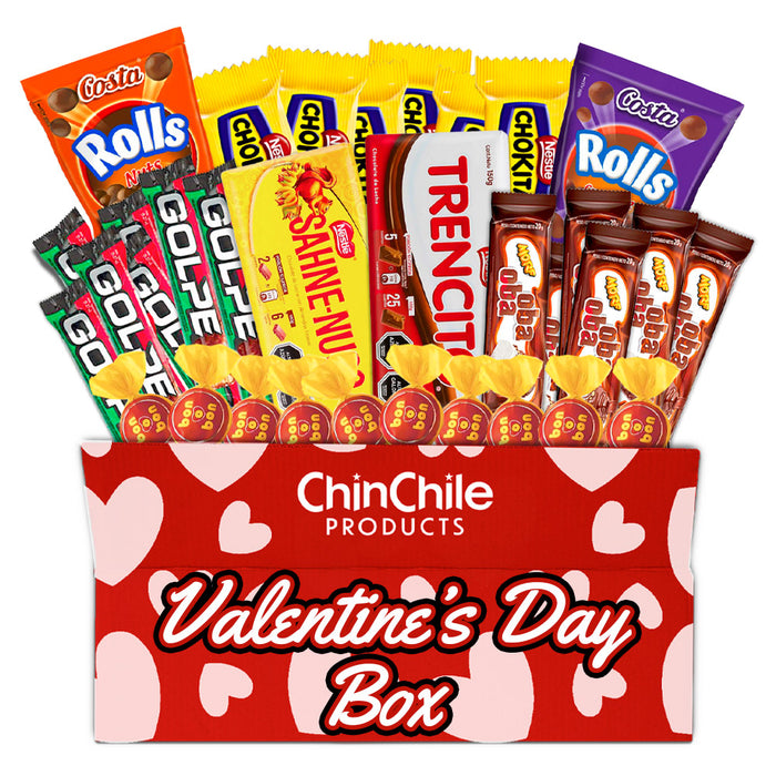 A red box with white hearts on it that says Valentine's Day Box. Filled with Chilean Chocolate Bars and Candies.