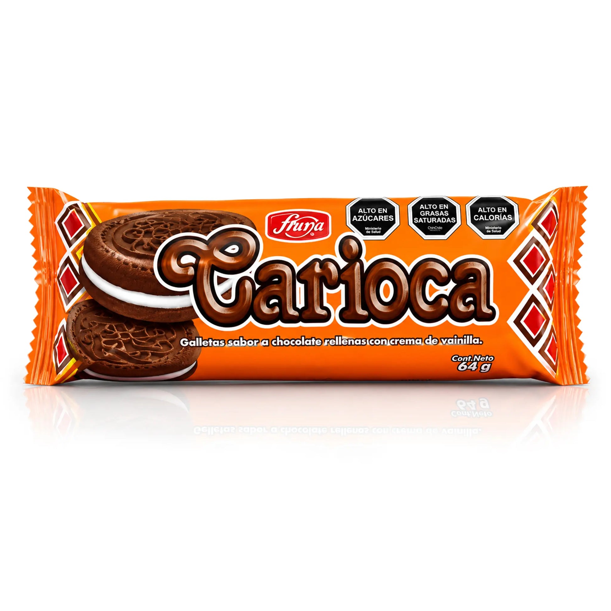 Paquete de galletas «Carioca» con un envase naranja sobre fondo blanco.