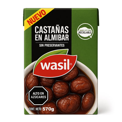 Wasil Castañas en Almíbar – Chilean chestnuts in syrup in green carton packaging on white background.