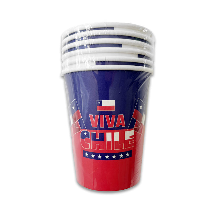 A pack of six chilean themed paper cups that are red, white, and blue.