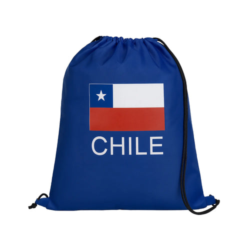Blue drawstring bag with Chilean flag design on a white background