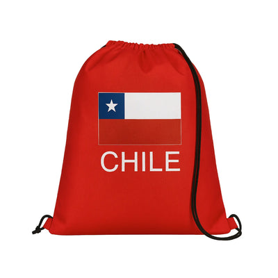 Bolsa roja con cordón, bandera chilena y texto "CHILE" sobre fondo blanco