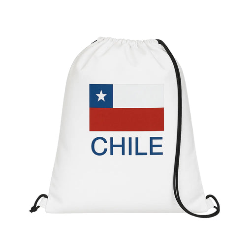 White drawstring bag with Chilean flag design on a white background