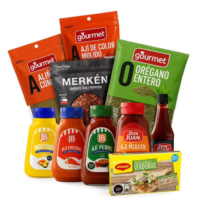 Surtido de productos gourmet, incluyendo salsas, especias y una caja de aperitivos sobre fondo blanco.