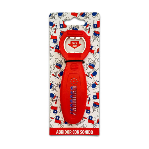 Chile Fiesta Sound Bottle Opener in vibrant red with red, white, and blue 'Uyuuuy!' text.