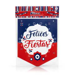 Guirnalda «Viva Chile» del paquete «Big Party», con un banderín azul marino y rojo en el que se lee «Felices Fiestas» dentro de un marco blanco con motivos ornamentales