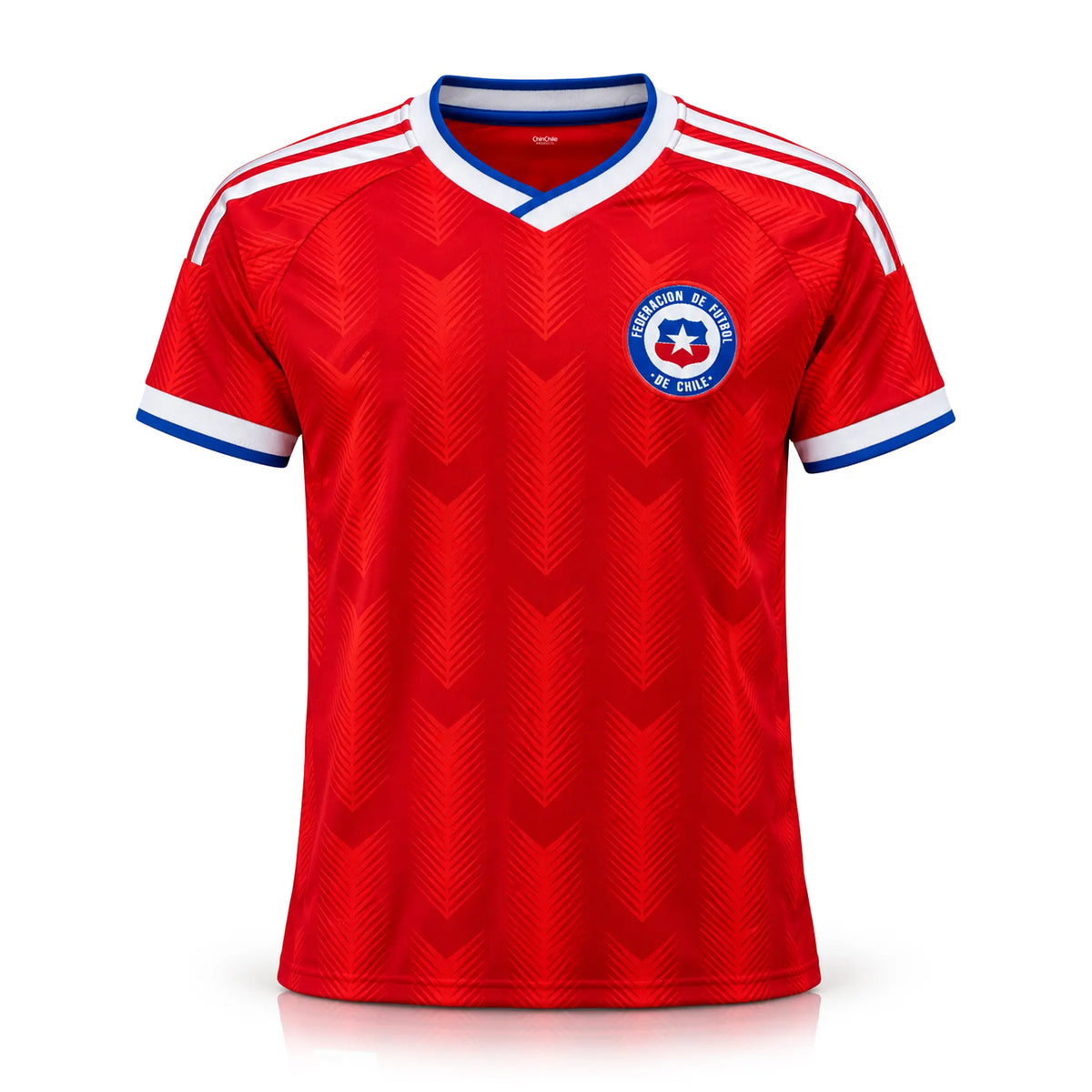 Chile National Team Style Soccer Jersey front view featuring classic red design, white shoulder accents, blue-and-white V-neck collar, and Chile-inspired crest.