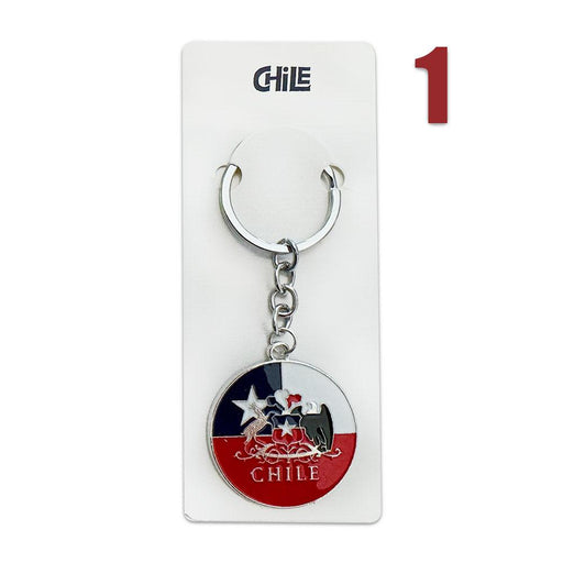 Round Chile metal keychain with Chilean flag, traditional hat, and star design.