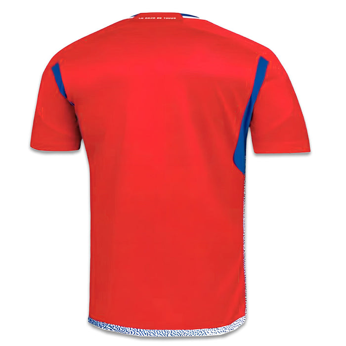 The back side of a bright red home jersey of the National Team of Chile.