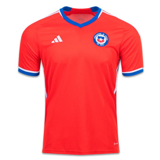 The front side of a bright red home jersey of the National Team of Chile.
