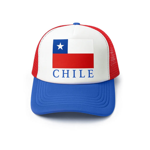 Trucker hat with Chilean flag design and red mesh on a white background.