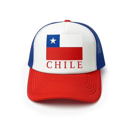 Trucker hat with Chilean flag design on a white background