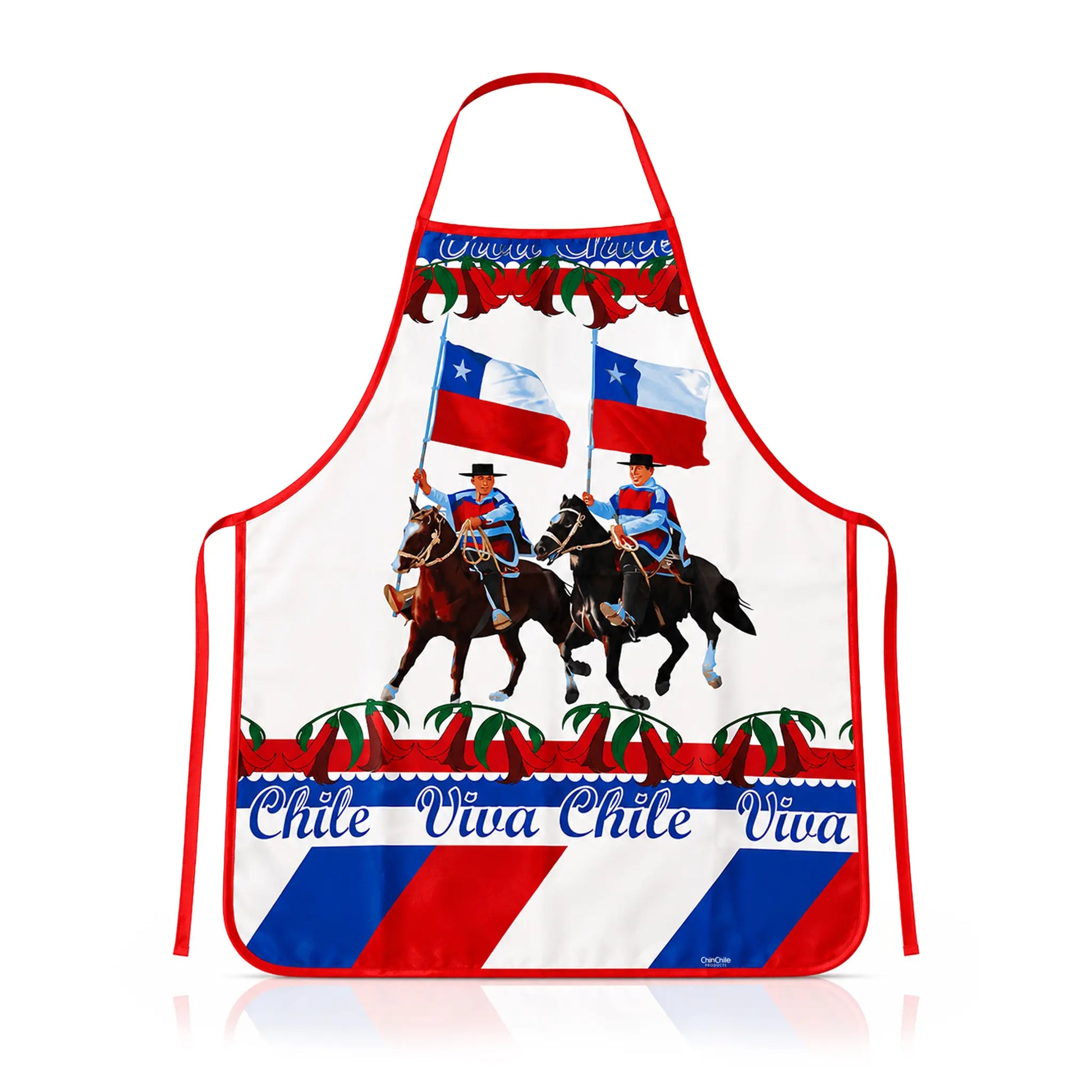 A white apron with red trim and a colorful Chile-themed graphic print featuring two riders on horseback with Chilean flags and the text 'Chile Viva Chile Viva'.