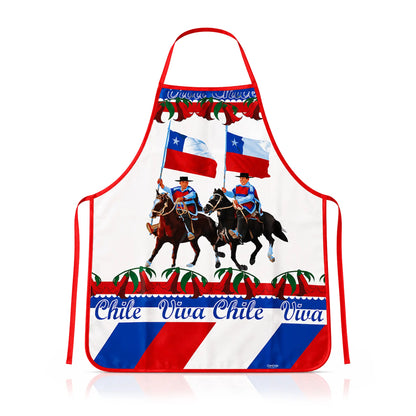 A white apron with red trim and a colorful Chile-themed graphic print featuring two riders on horseback with Chilean flags and the text 'Chile Viva Chile Viva'.