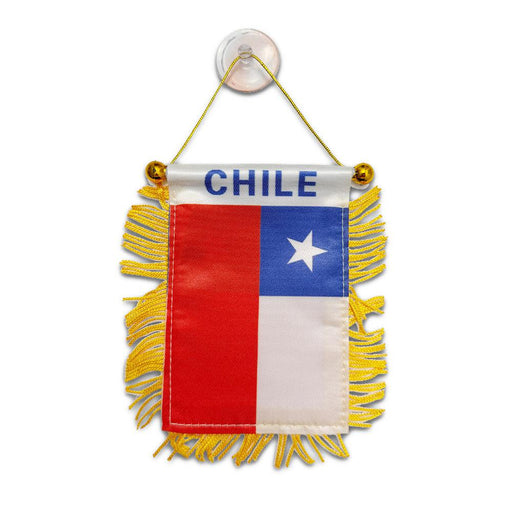 Mini Chilean window flag with gold fringe and suction cup for car or home display