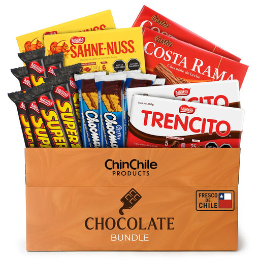 Box of ChinChile Products Chocolate Bundle with various chocolate bars.