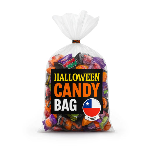 Halloween candy bag with colorful candies and Chilean flag label on a white background