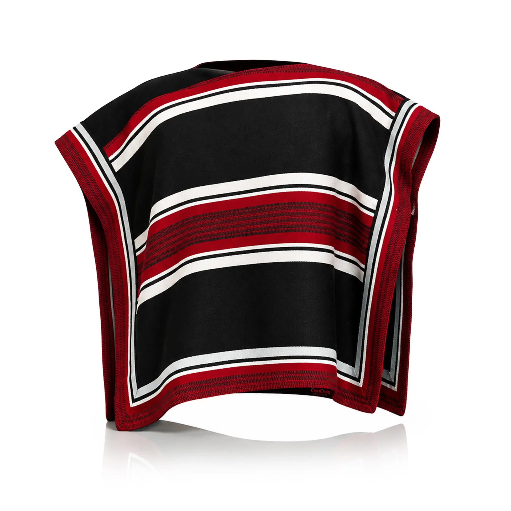 Traditional Chilean Huaso Manta laid flat, a black huaso poncho with red and white stripes and a red border on all four sides.