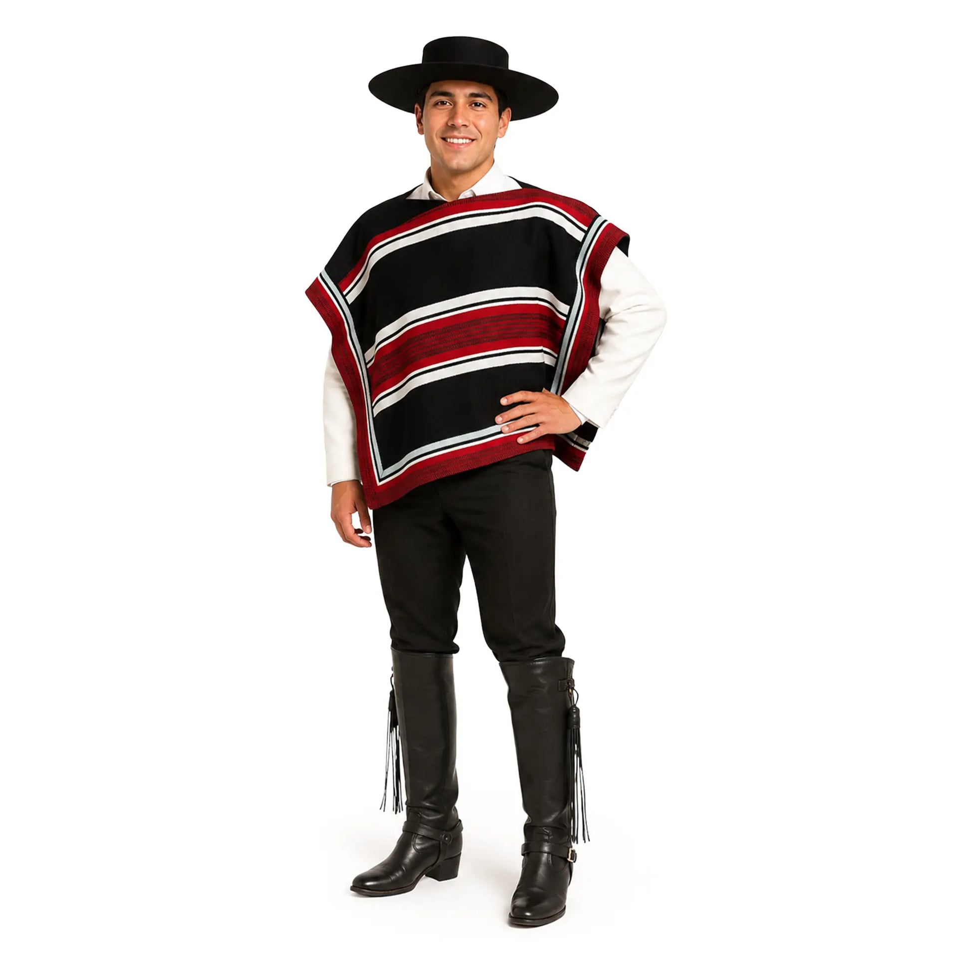 Man wearing the Traditional Chilean Huaso Manta, a black poncho with red and white stripes, over a white shirt with a black huaso hat and boots.