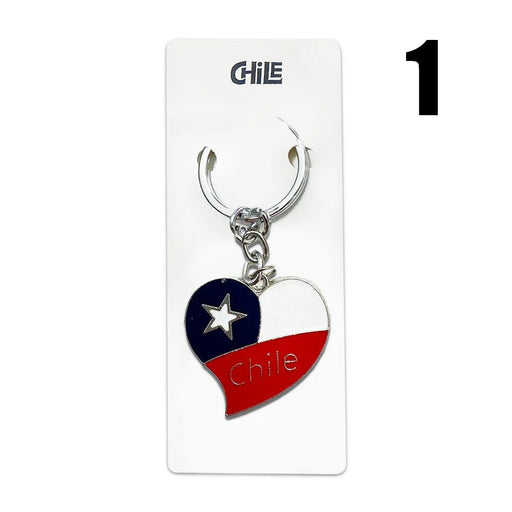 Heart-shaped Chilean flag metal keychain with the word "Chile" engraved.
