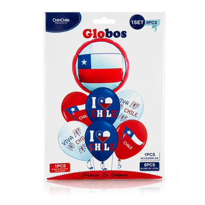 Un paquete de globos para fiestas con temática chilena de ChinChile Products, que incluye globos rojos, blancos y azules con los diseños «I Love Chile» y «Viva Chile», representados sobre un fondo blanco.